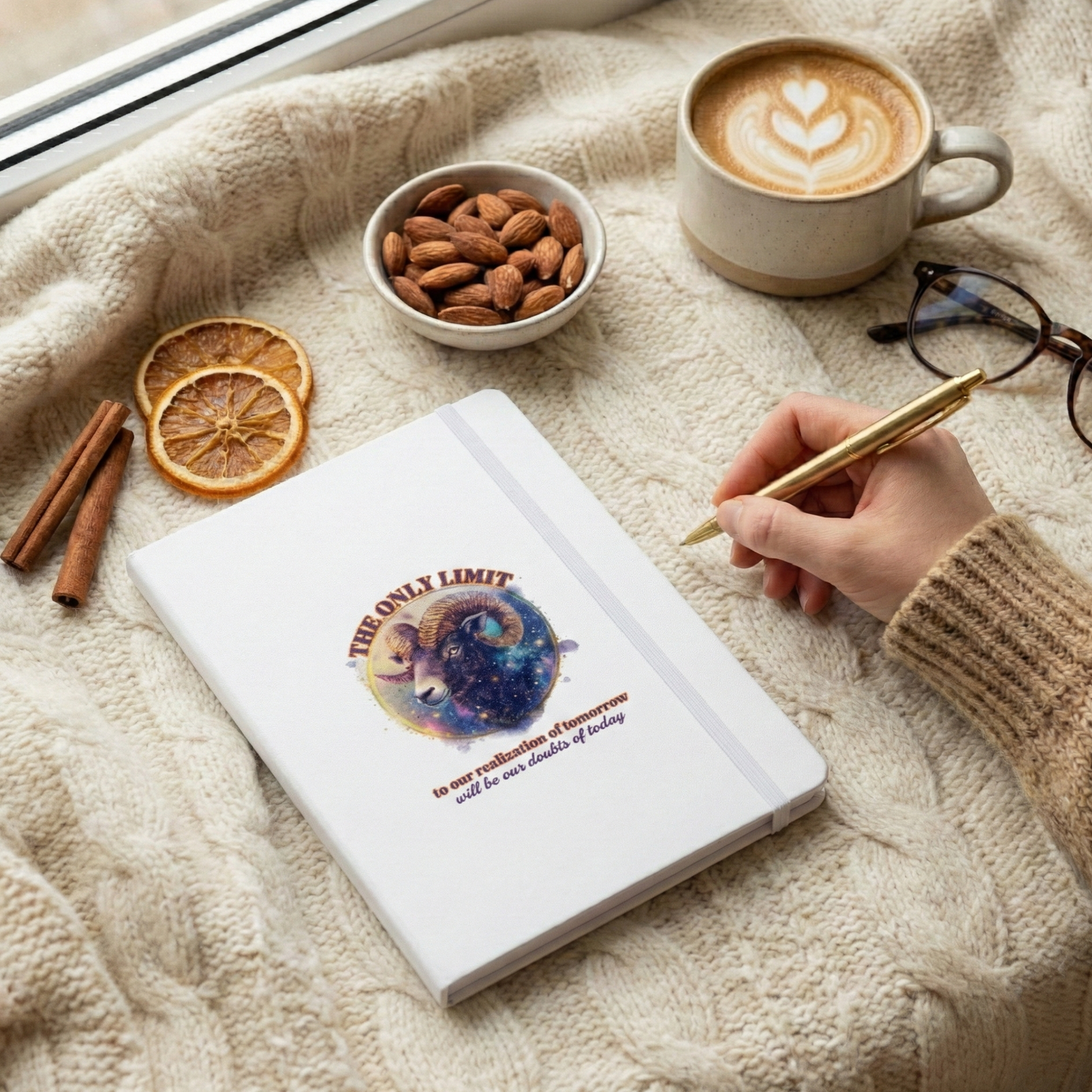 White hardcover Aries zodiac journal with a cosmic ram illustration and quote on a cozy cream knit blanket next to a latte.