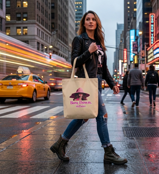 A woman walking confidently across a bustling city street at twilight, carrying an Oyster-colored organic cotton tote bag featuring a graphic of a woman in a pink hat and the bold text 'Bow Down, bitches'.