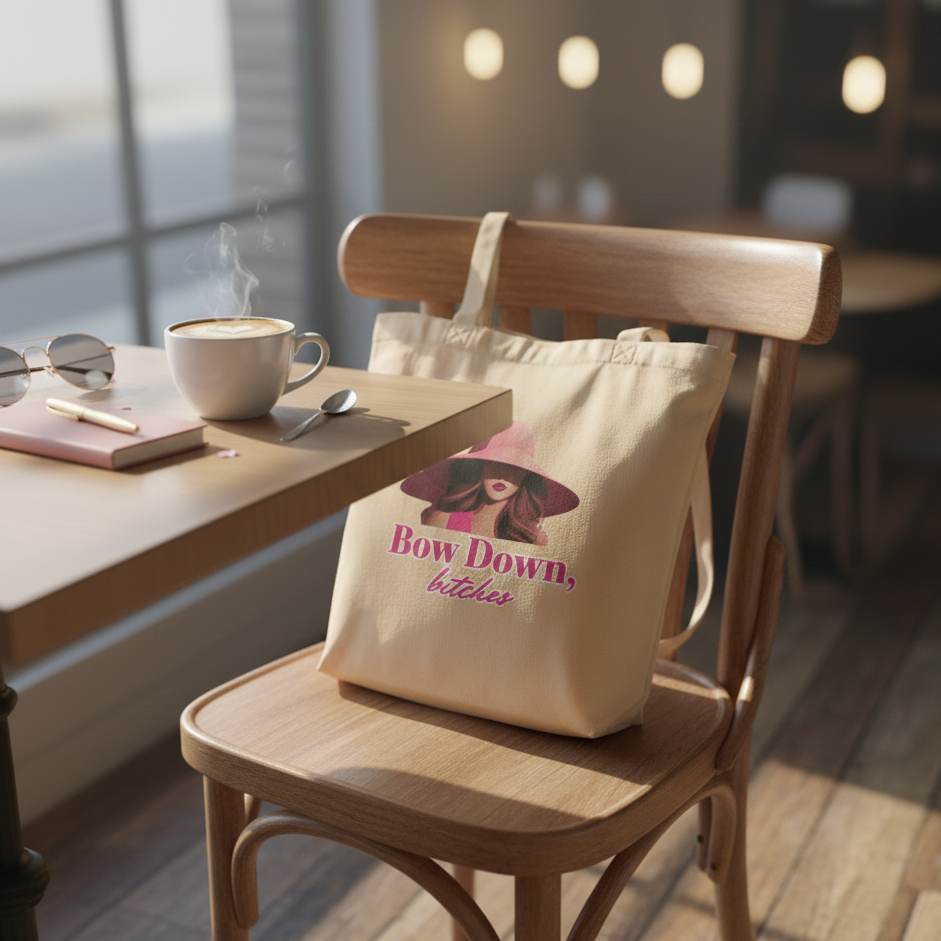 A mockup of a 'Bow Down' cream tote bag draped over a wooden chair in a sunlit cafe. Next to it is a light wood table with a heart-latte, a pink notebook, and gold-rimmed sunglasses.