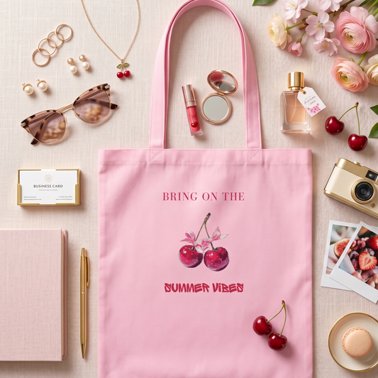Pink eco tote bag with a cherry design and text 'Bring on the Summer Vibes' on a light surface with various accessories for women.