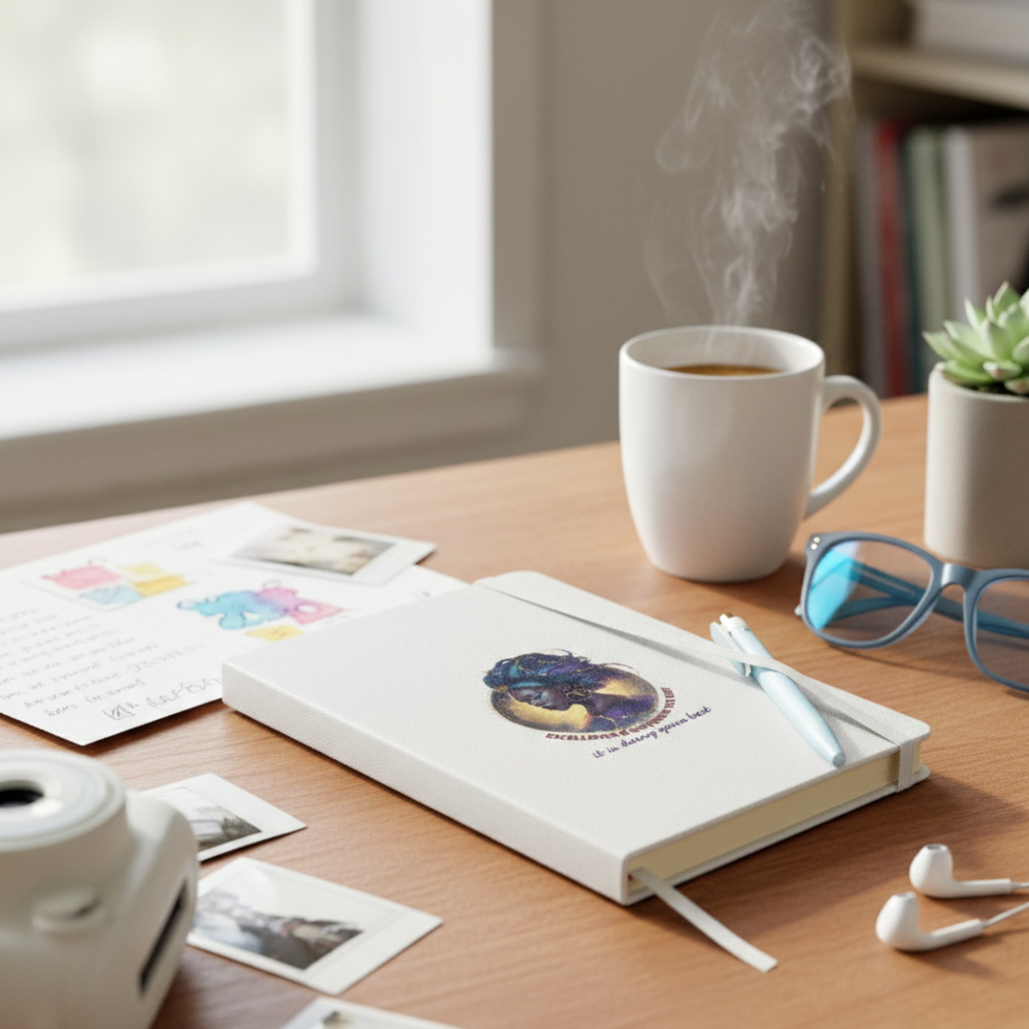 Premium white hardcover notebook featuring a fierce artistic portrait of a Black woman, styled on a wooden desk with a steaming coffee mug, glasses, and a pen in a bright lifestyle setting.