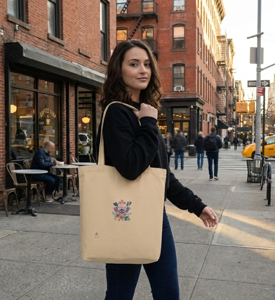 A high-quality lifestyle mockup of a woman walking along a city sidewalk, carrying an oyster-colored eco-friendly tote bag over her shoulder. The bag prominently features a vibrant, colorful Hamsa hand design with a central eye and floral accents.