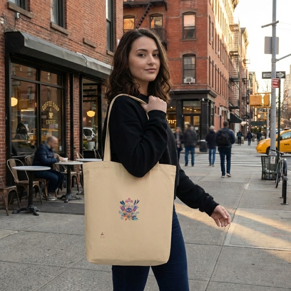 A high-quality lifestyle mockup of a woman walking along a city sidewalk, carrying an oyster-colored eco-friendly tote bag over her shoulder. The bag prominently features a vibrant, colorful Hamsa hand design with a central eye and floral accents.