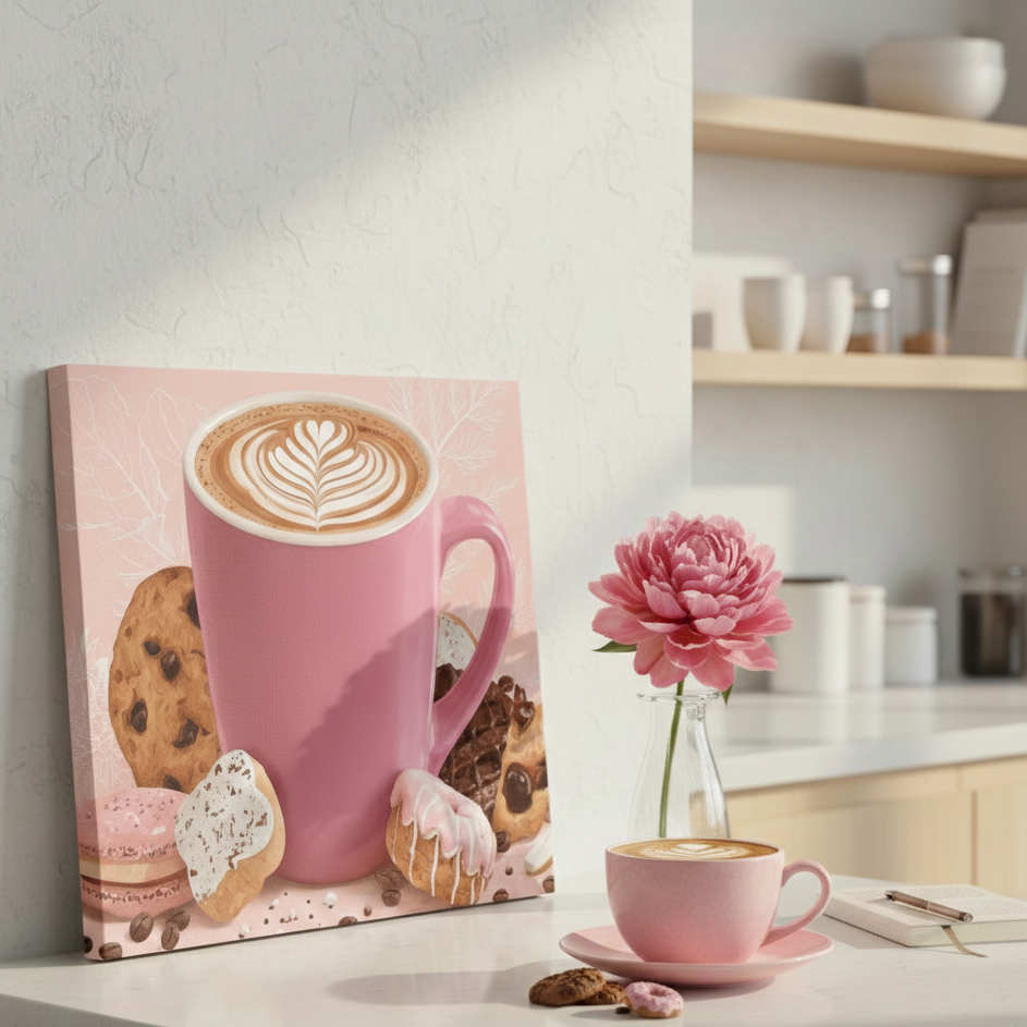 Nyd en lyserød kop kaffe - Lærred