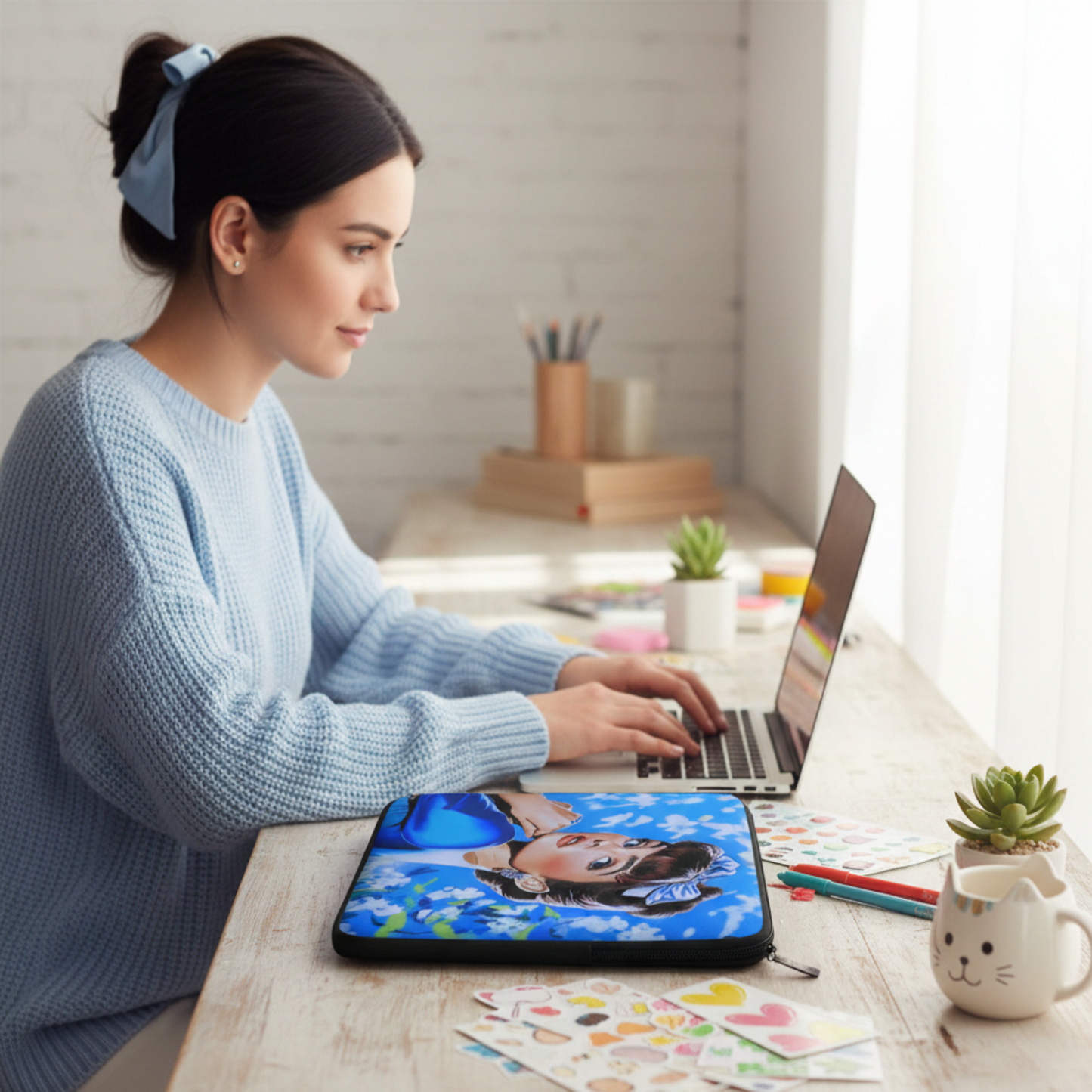 Lifestyle mockup of a 15-inch laptop sleeve with a blue vintage pop art portrait of a woman with a hair bow and floral background. The sleeve is placed on a white wooden desk next to a person using a laptop, stationery, heart stickers, and small succulent plants in a bright, modern room.