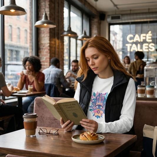 A lifestyle mockup of a young woman wearing a white long-sleeve t-shirt with a colorful Hamsa hand and floral design. She is sitting in a coffee shop, reading a book called "Tales of the Garden," with a coffee cup and glasses nearby.