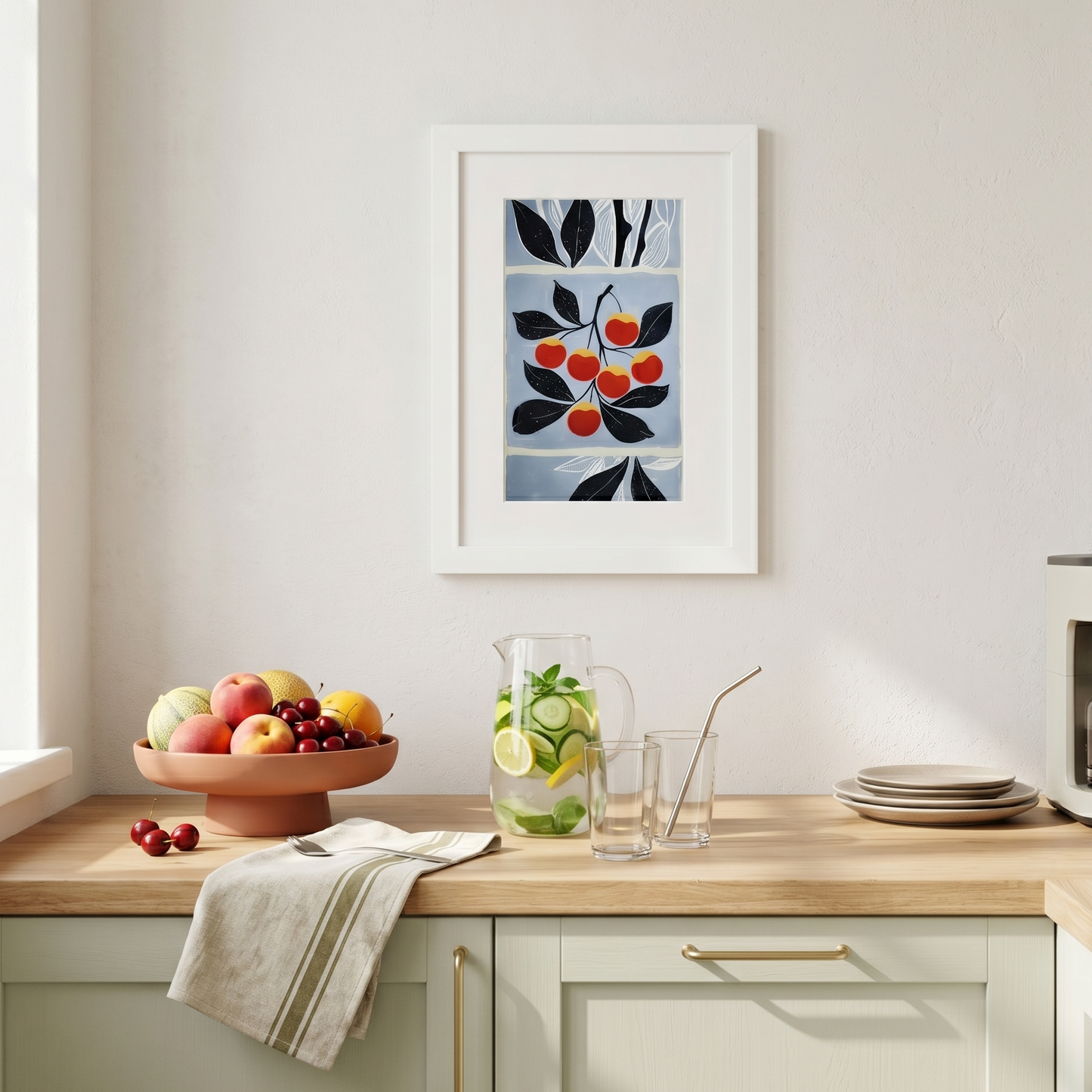 Kitchen counter with fruit bowl, pitcher of lemonade, and framed artwork on the wall.
