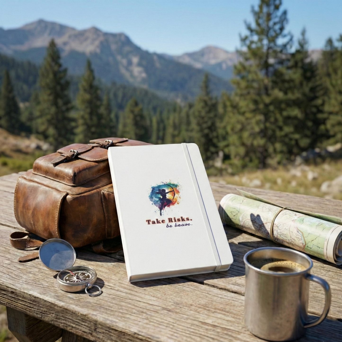 White Sagittarius zodiac notebook with colorful archer art on a rustic wooden table with a mountain view, compass, and coffee.