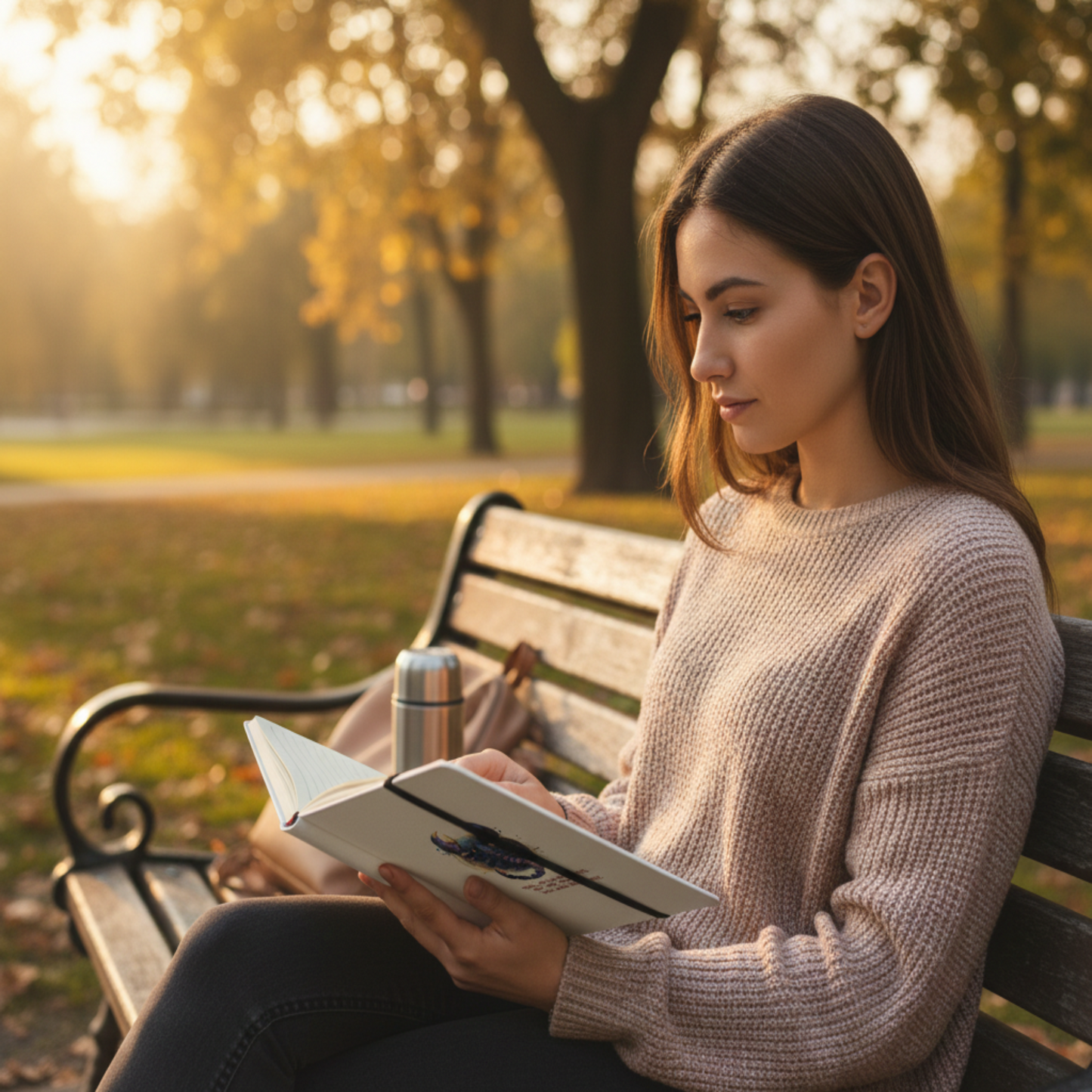 A young woman sitting on a sunny park bench holding a white hardcover Scorpio zodiac notebook with a cosmic Scorpio design, enjoying a peaceful moment of journaling outdoors.