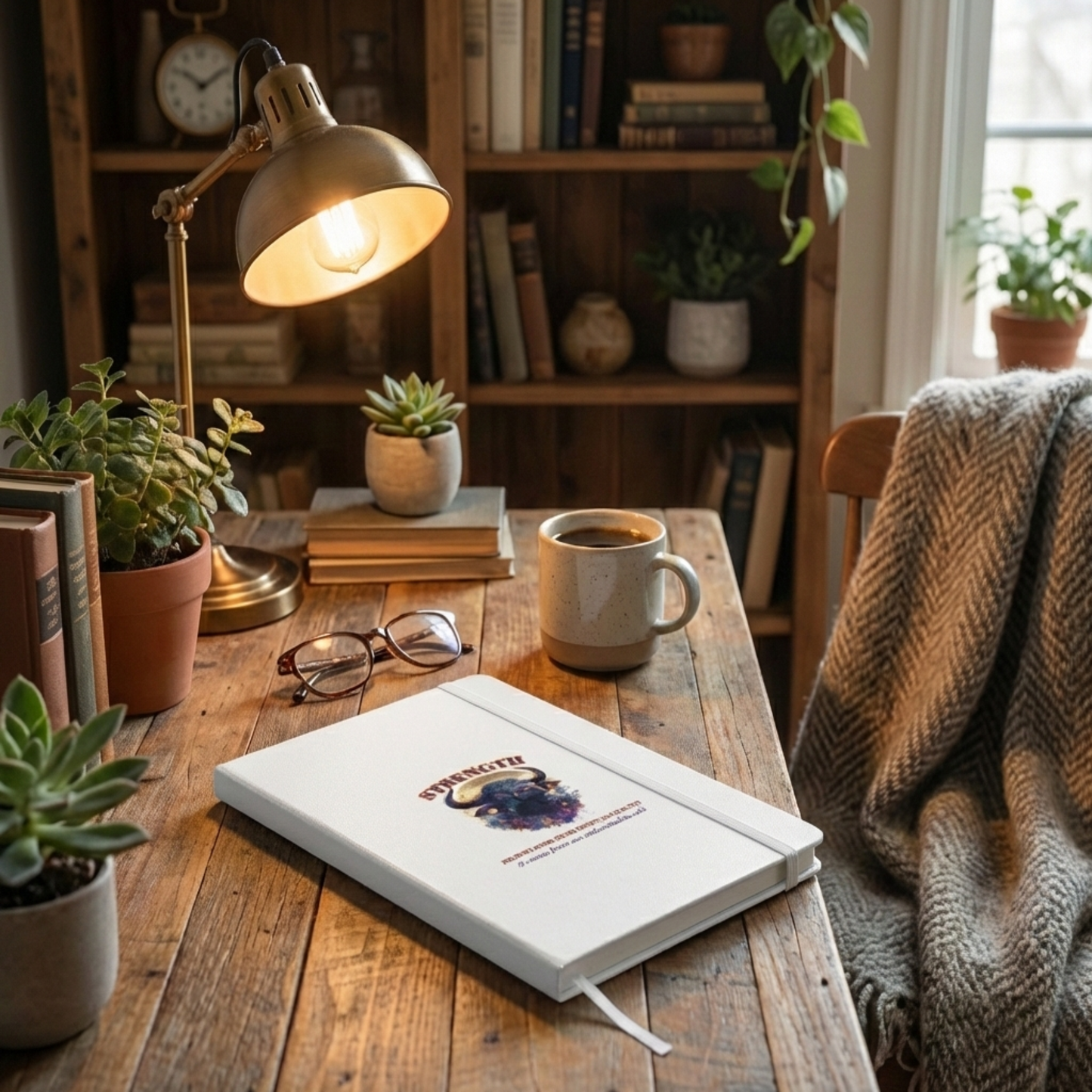 White hardcover Taurus zodiac notebook with cosmic bull art on a cozy rustic wooden desk with a lamp and coffee.