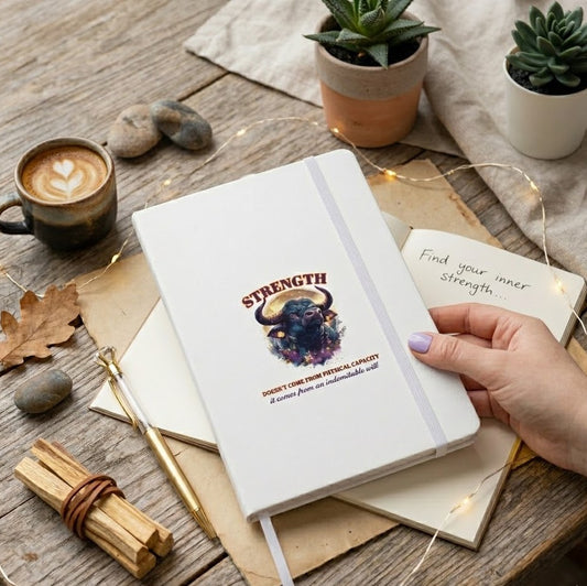 Top-down view of the 'Strength' Zodiac hardcover notebook placed on a rustic wooden desk. A hand with lilac nails is gently touching the side of the journal. The scene is decorated with warm fairy lights, a cup of latte art coffee, a golden pen, dried leaves, and palo santo sticks, creating a cozy and spiritual journaling atmosphere.