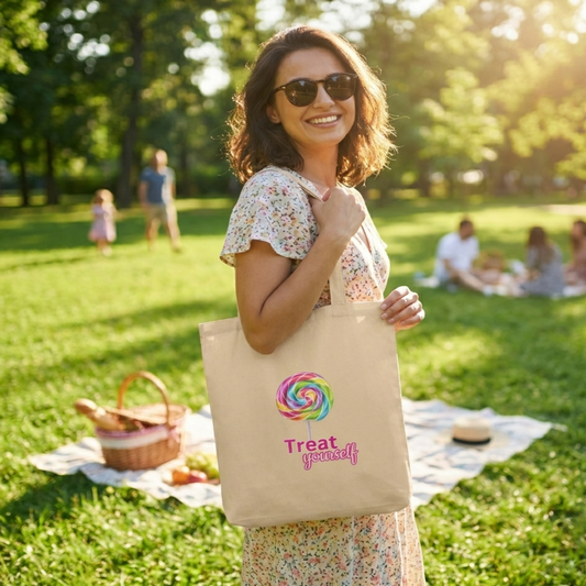 A smiling woman in a floral dress and sunglasses carrying a beige organic cotton eco tote bag with a vibrant rainbow lollipop graphic and pink 'Treat yourself' text, set in a sun-drenched park during a picnic outing.