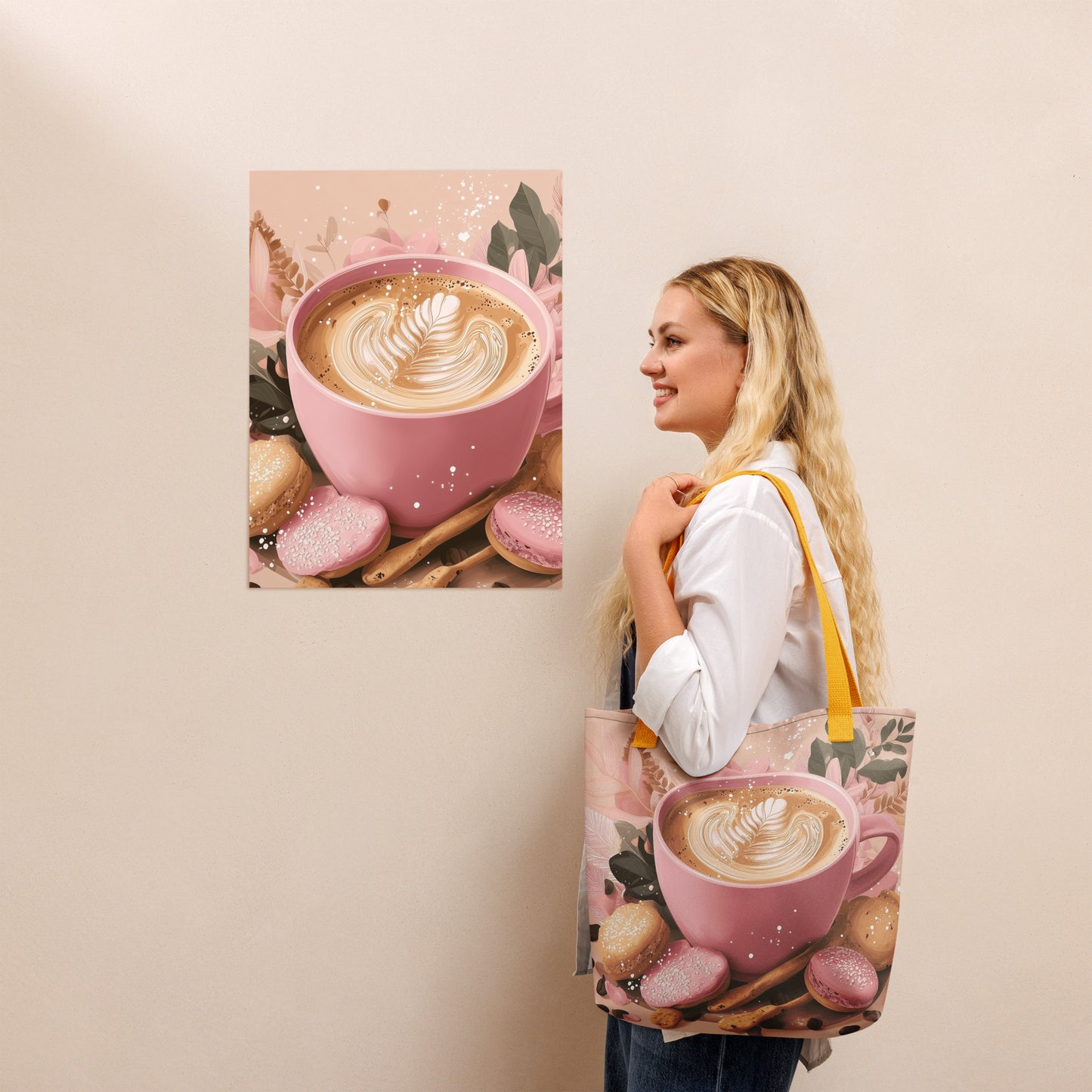 Woman holding a tote bag with a coffee design, next to a print of coffee cup and cookies illustration.