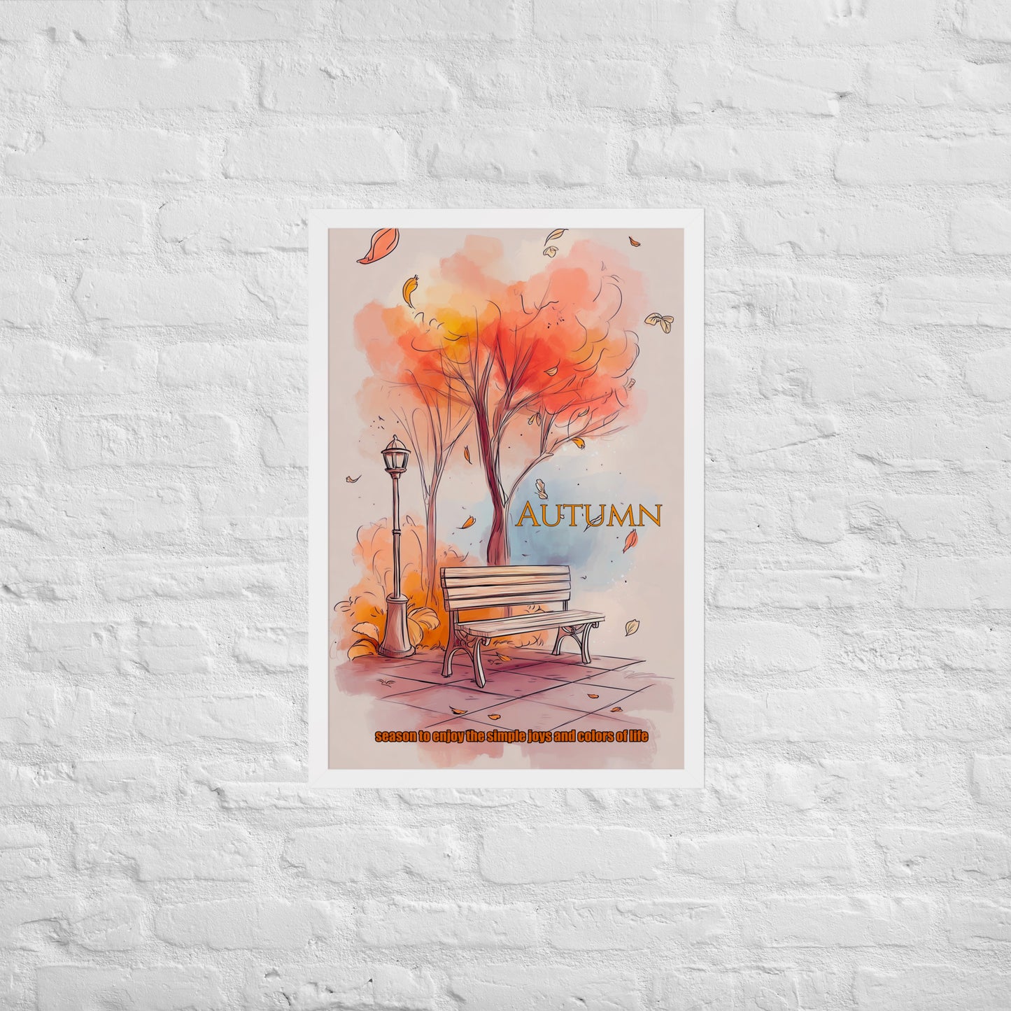 Autumn-themed poster with a tree, bench, and falling leaves on a white brick wall background.