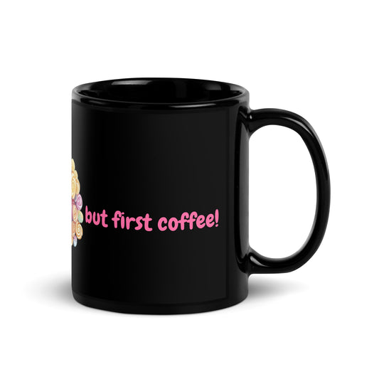 Black glossy ceramic mug with a colorful circular candy illustration and pink typography art.
