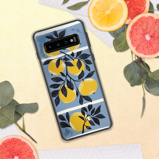 Samsung phone case with yellow apples design on a blue background by Sweet and Savage.