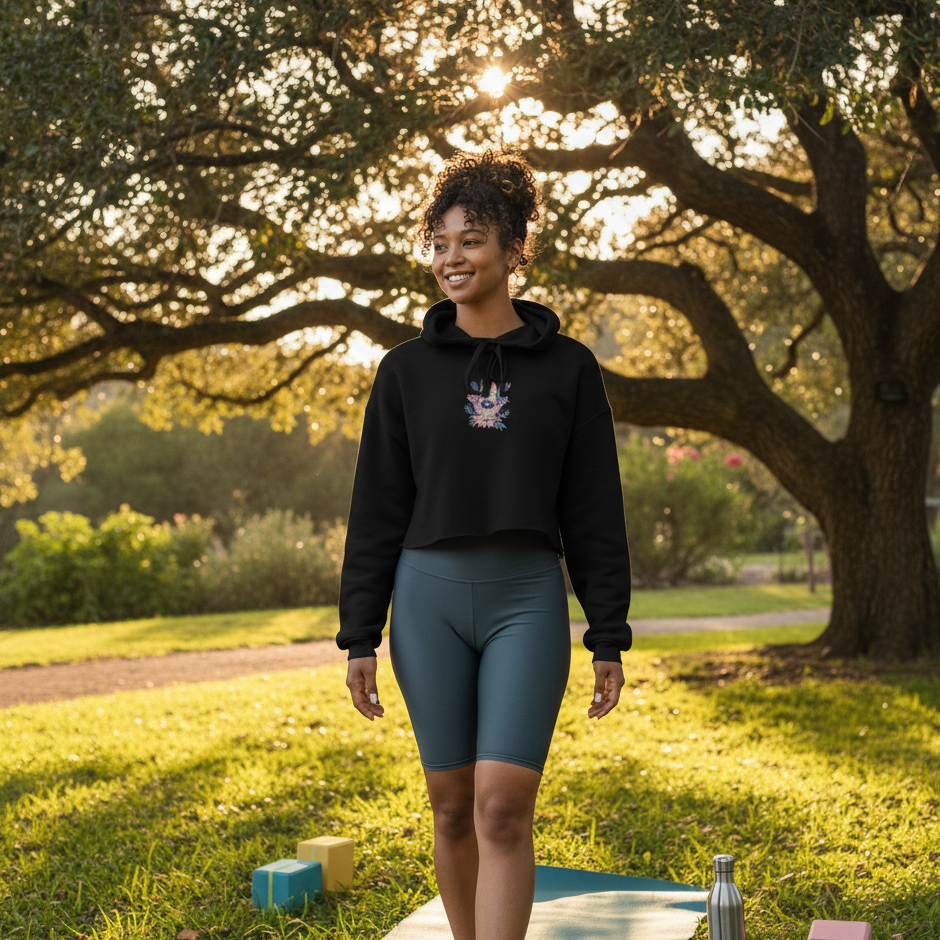 Woman in athletic wear standing outdoors with a scenic background