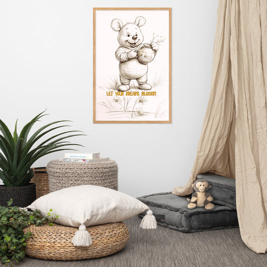 Let Your Dreams Blossom framed bear poster in a light oak wood frame, styled in a minimalist nursery with neutral pillows and a cozy rug mockup.