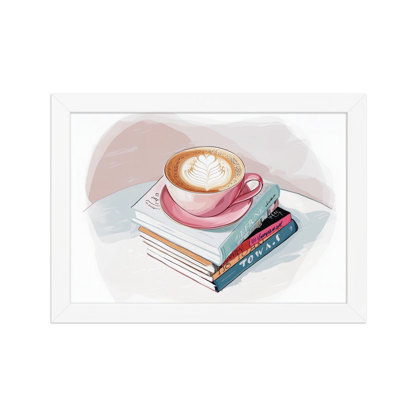 Framed poster illustration of a coffee cup on a stack of books, Sweet and Savage aesthetic wall art for home office.