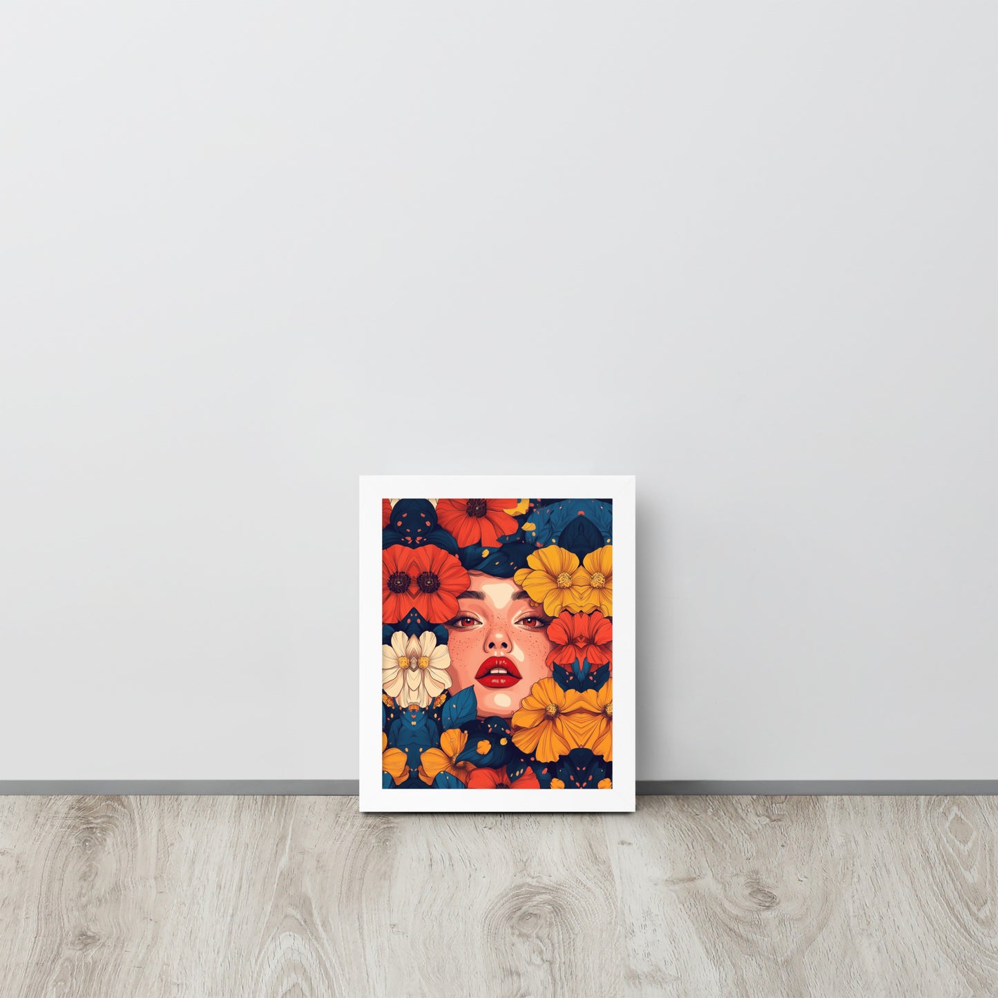 Framed paper poster with a colorful design of a young woman's surrounded by flowers.