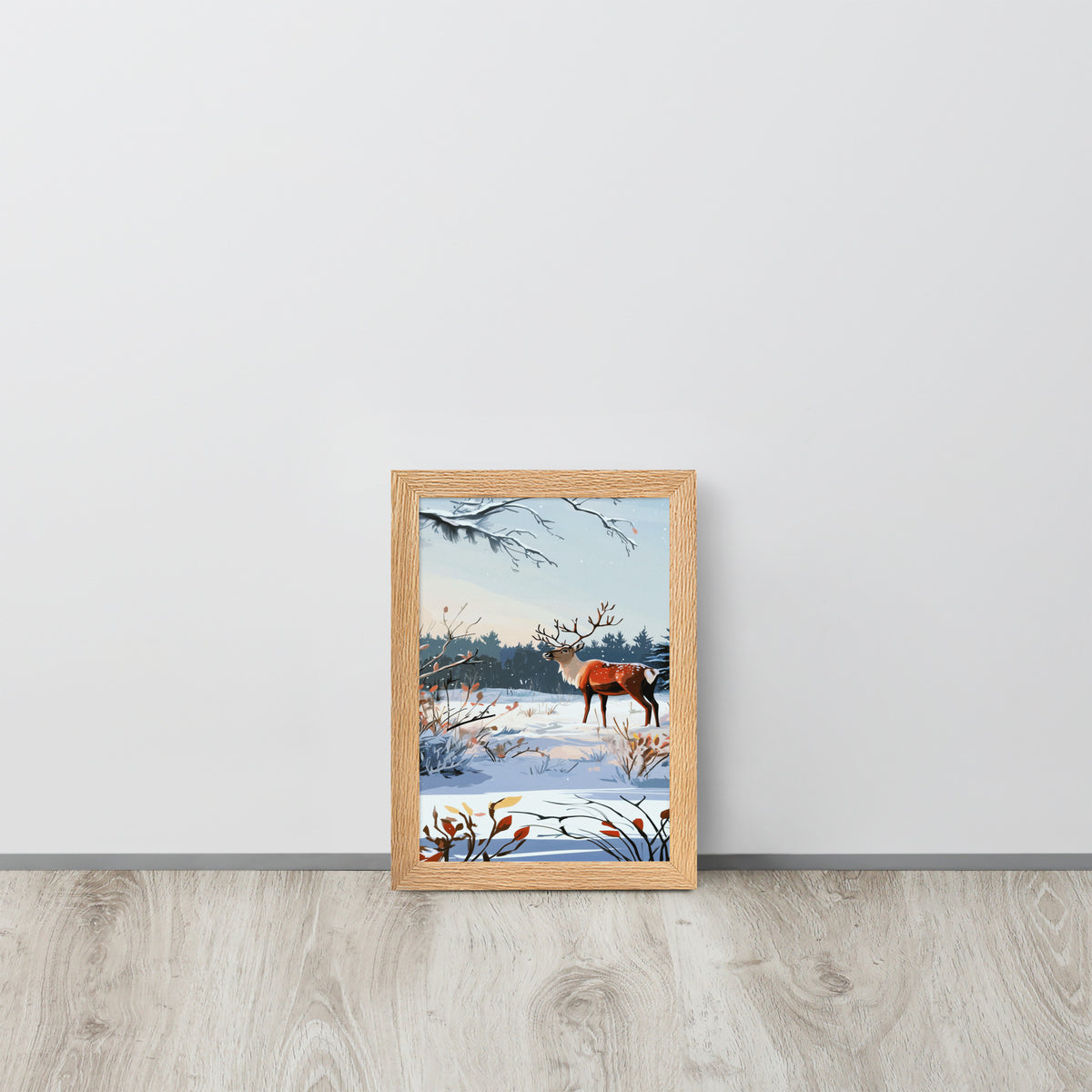Framed watercolor poster titled Winter Wonders featuring a serene snowy landscape in soft blue and white tones, hanging on a neutral wall