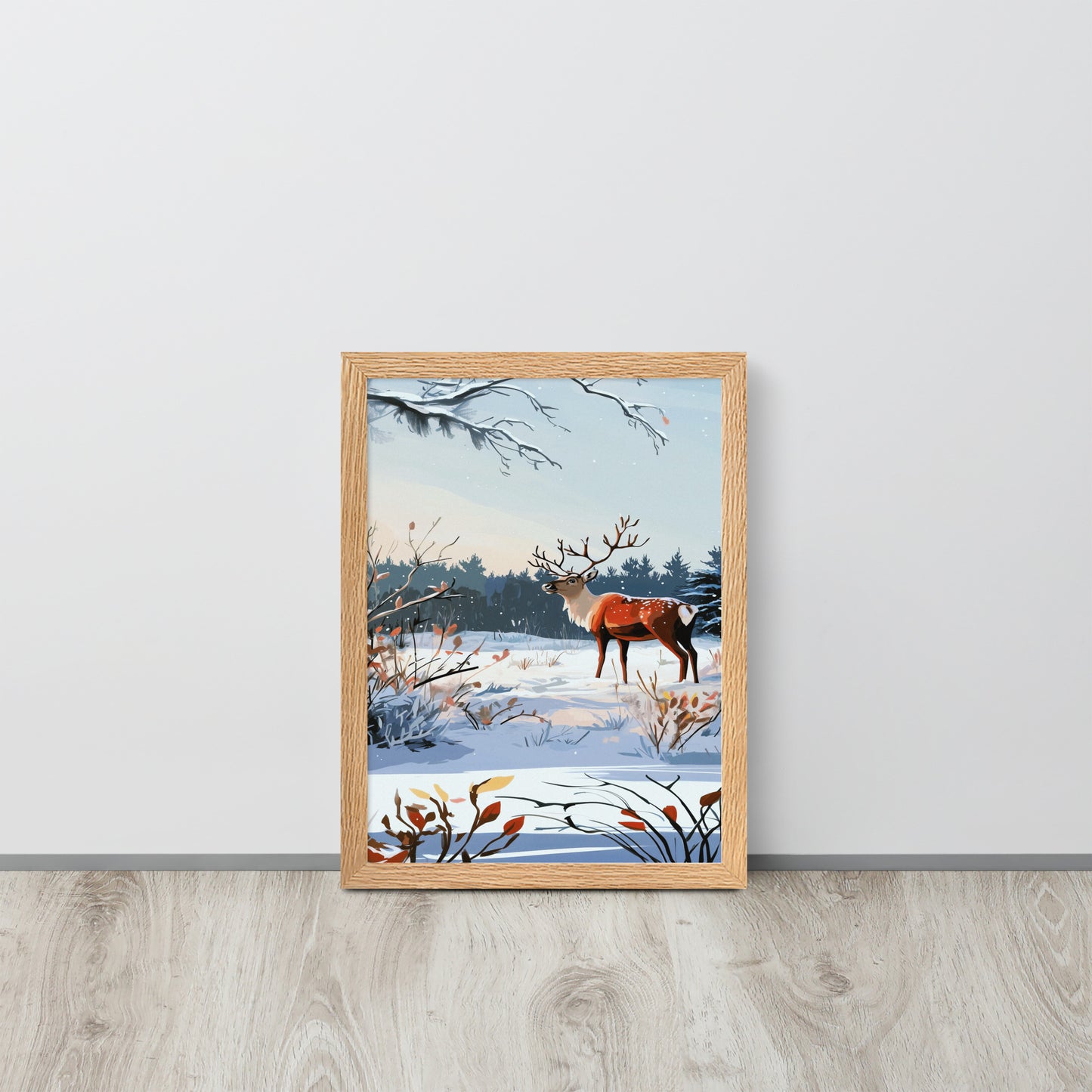 Framed watercolor poster titled Winter Wonders featuring a serene snowy landscape in soft blue and white tones, hanging on a neutral wall
