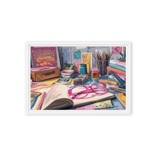 Colourful canvas poster depicting desk scene with books, glasses, and stationery on a white background by Sweet and Savage.