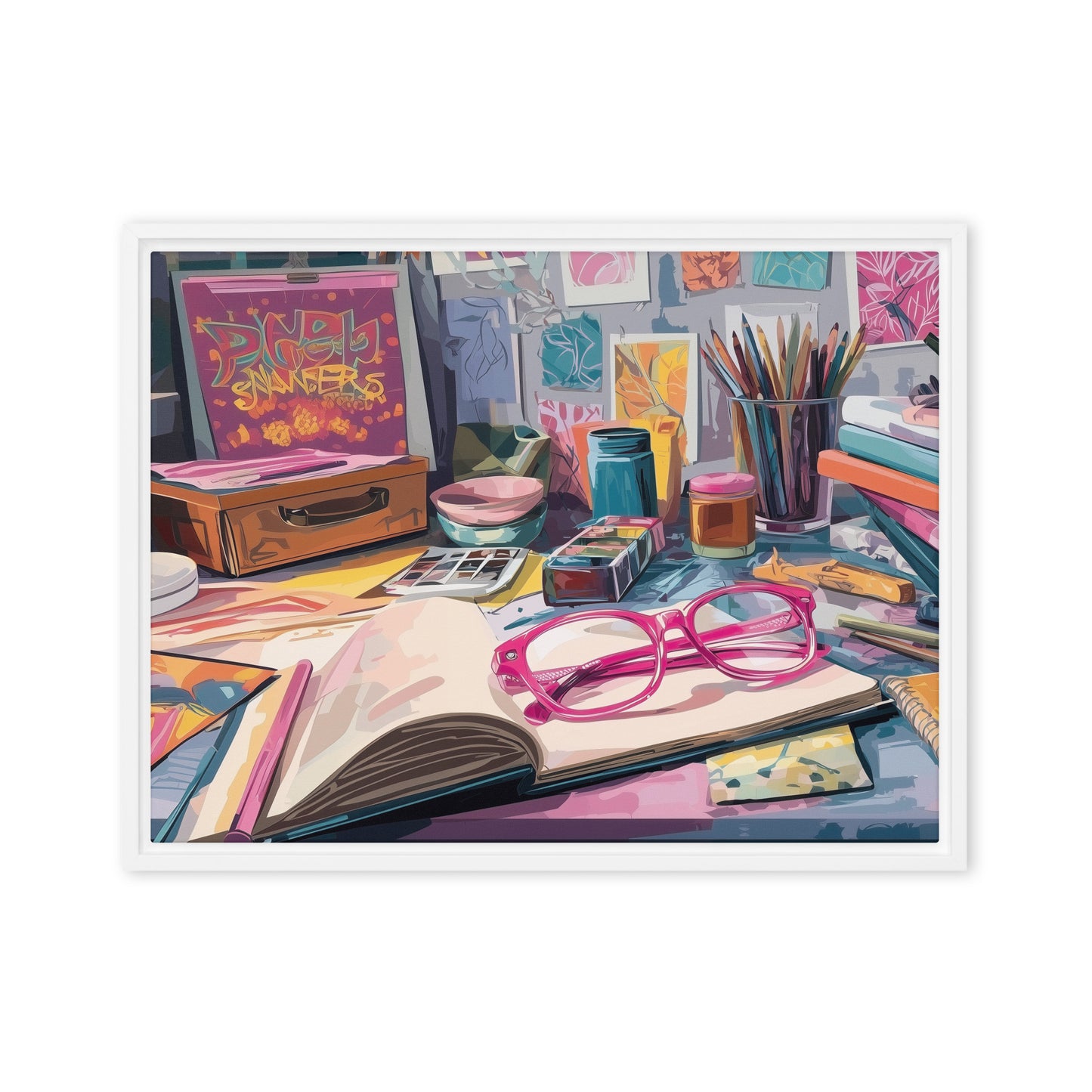 Colourful canvas poster depicting desk scene with books, glasses, and stationery on a white background by Sweet and Savage.