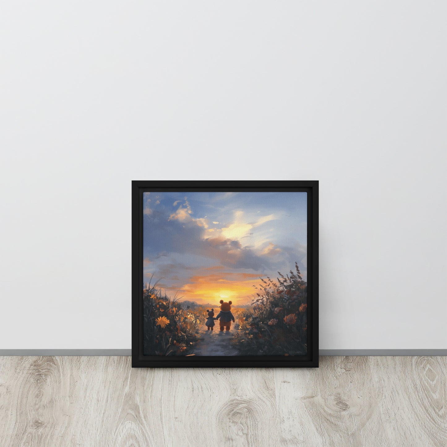 Framed canvas featuring a warm sunset scene and friends walking together without devices.
