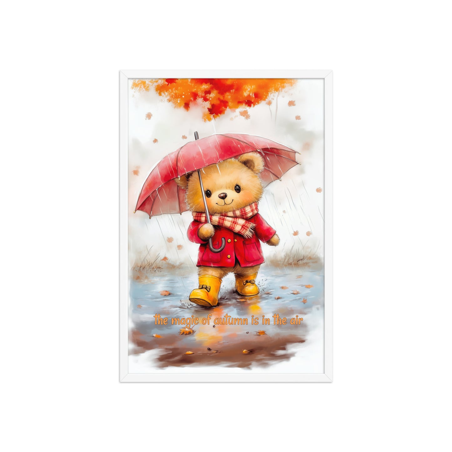 White framed poster showing a whimsical bear in a red raincoat and umbrella with autumn leaves.