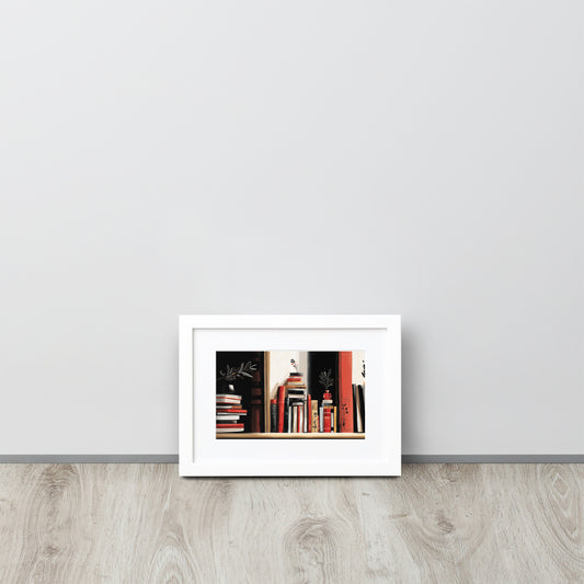 Framed minimalist art print with a white mat border featuring a sophisticated book-themed illustration.