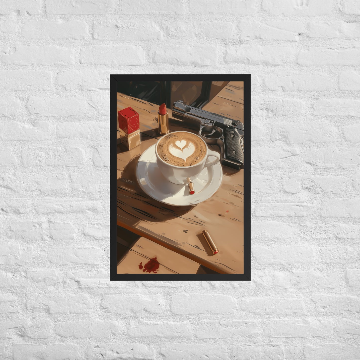 Framed poster of a cappuccino with latte art on a wooden table, with gun and lipstick items in the background by Sweet and Savage.