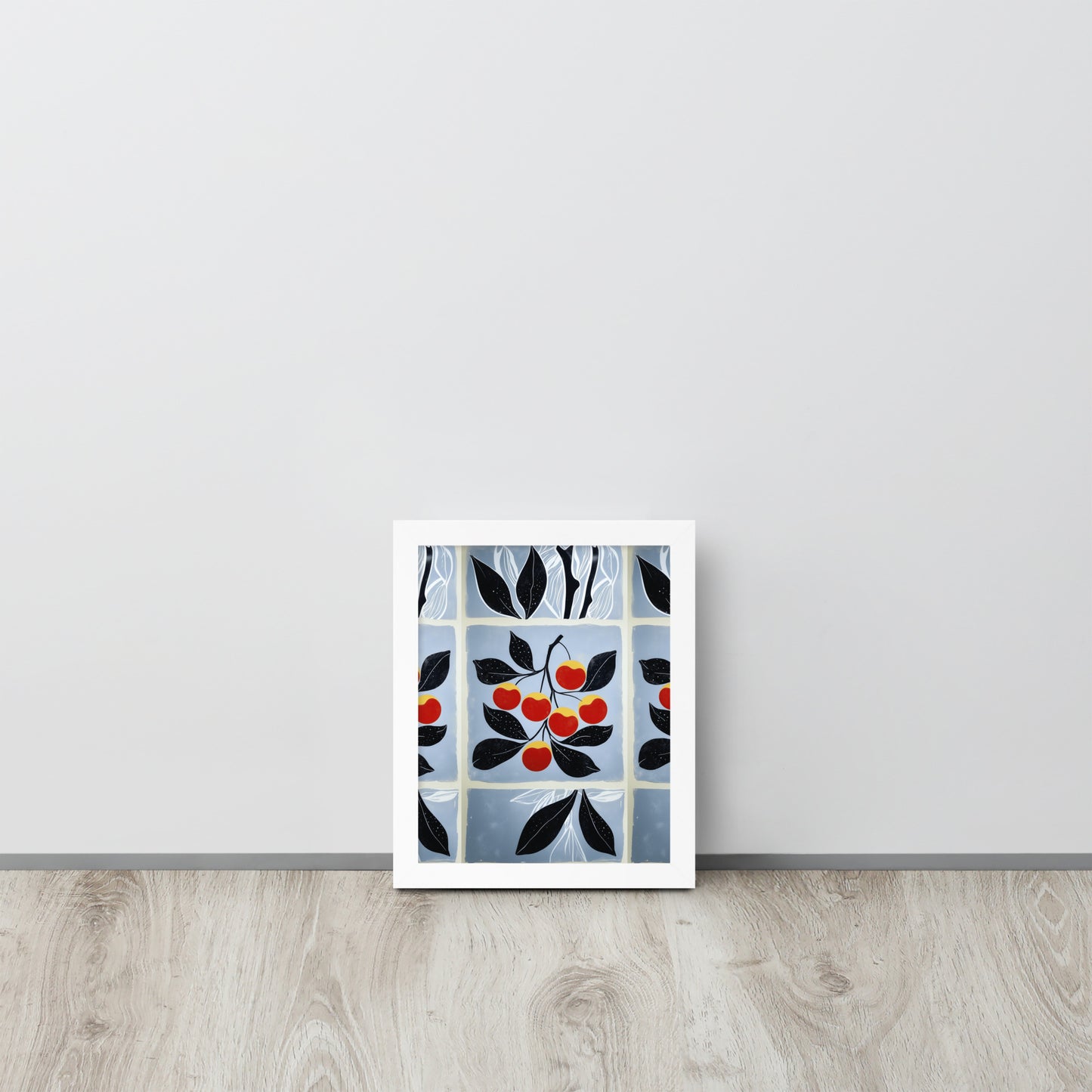 Framed minimalist poster featuring an elegant illustration of cherries with clean lines and modern style in a white wood frame.