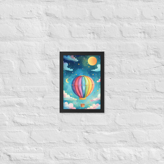 Framed A4 poster of a colorful hot air balloon in a starry night sky.