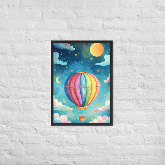 Framed A4 poster of a colorful hot air balloon in a starry night sky.
