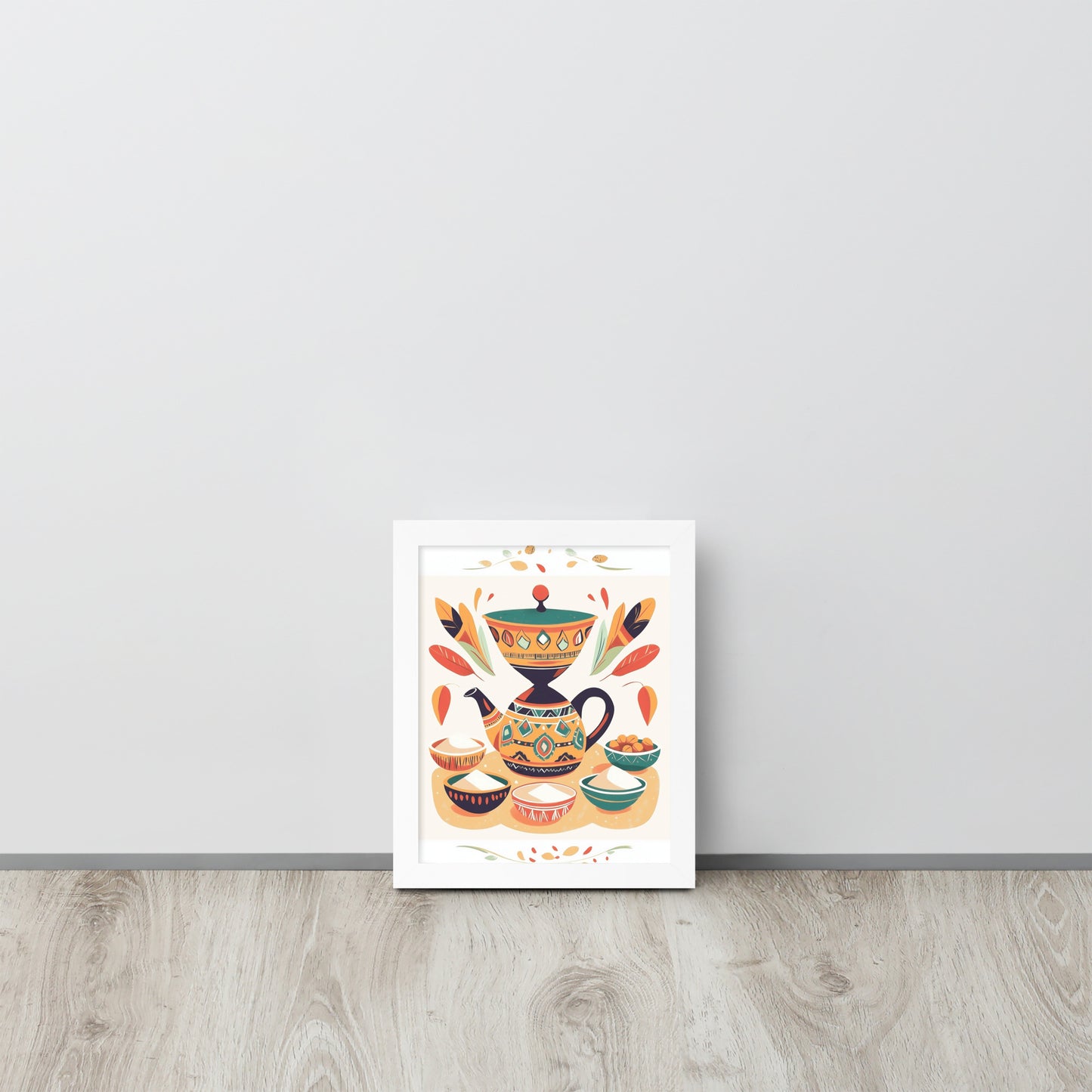Framed whimsical poster featuring a colorful traditional coffee maker with vibrant, culturally-inspired patterns.
