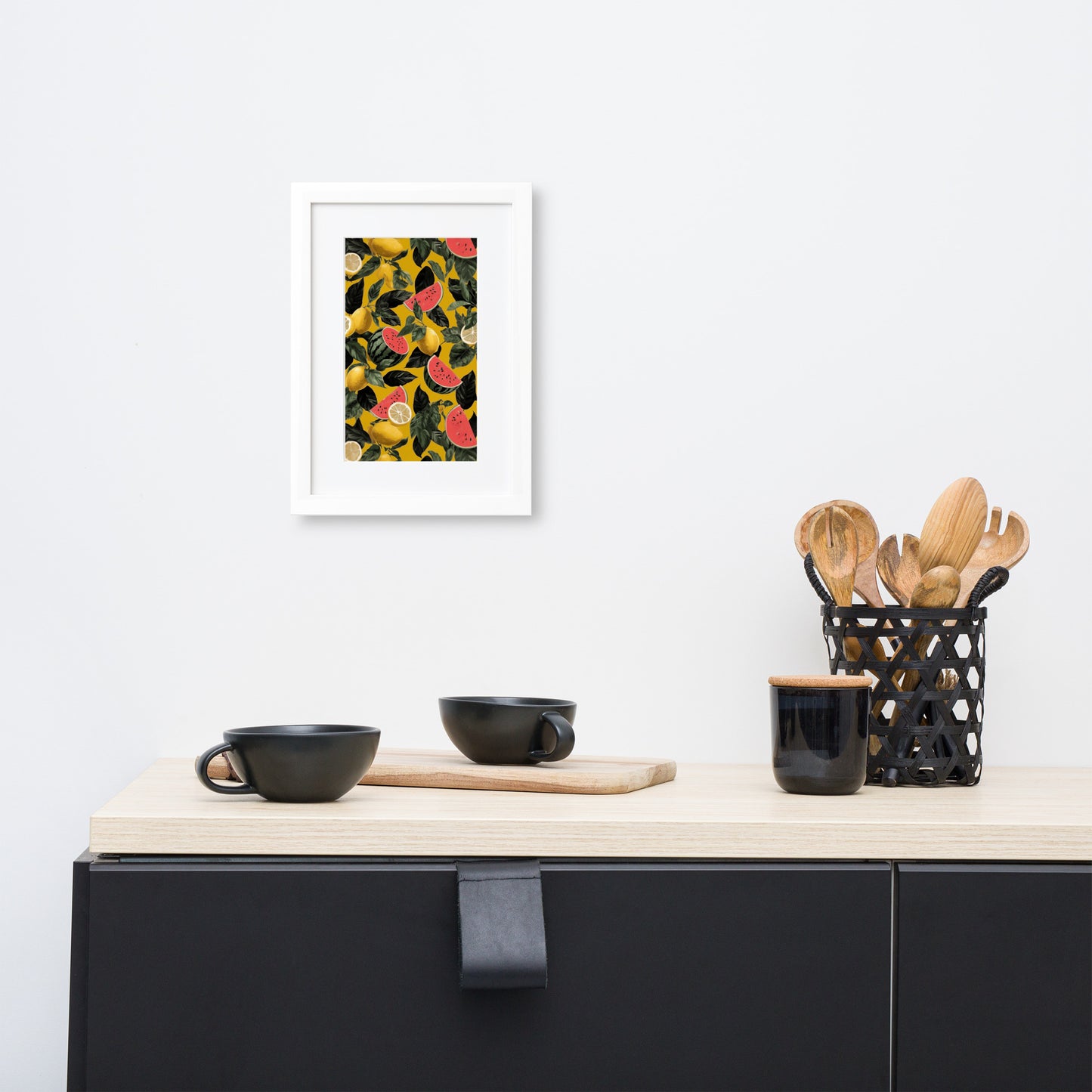 Framed poster of colorful watermelons and lemons on a yellow background by Sweet and Savage.