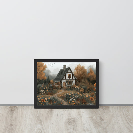 Framed poster of a cottage in a forest with autumn colors by Sweet and Savage.