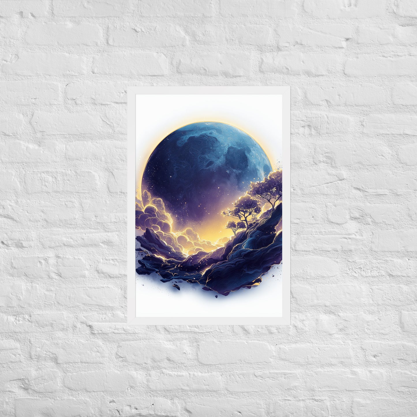 Framed cosmic poster featuring a vibrant, glowing moon and galaxy landscape in deep blues and golds.