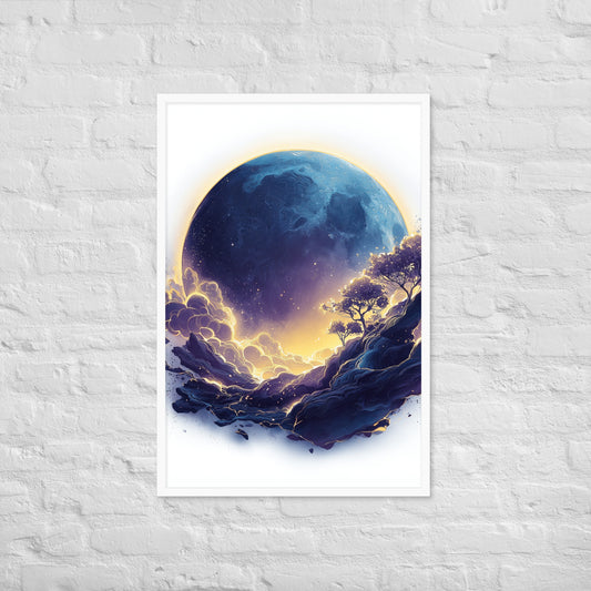 Framed cosmic poster featuring a vibrant, glowing moon and galaxy landscape in deep blues and golds.