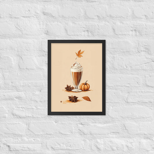 Framed poster of a pumpkin spice latte with autumn elements on a beige background by Sweet and Savage.