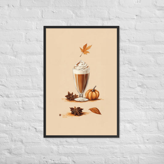 Framed poster of a pumpkin spice latte with autumn elements on a beige background by Sweet and Savage.