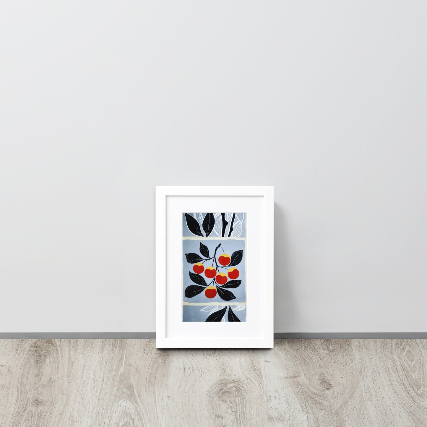 Framed A4 kitchen poster featuring a vibrant illustration of red cherries with a white mat board and professional wood frame.