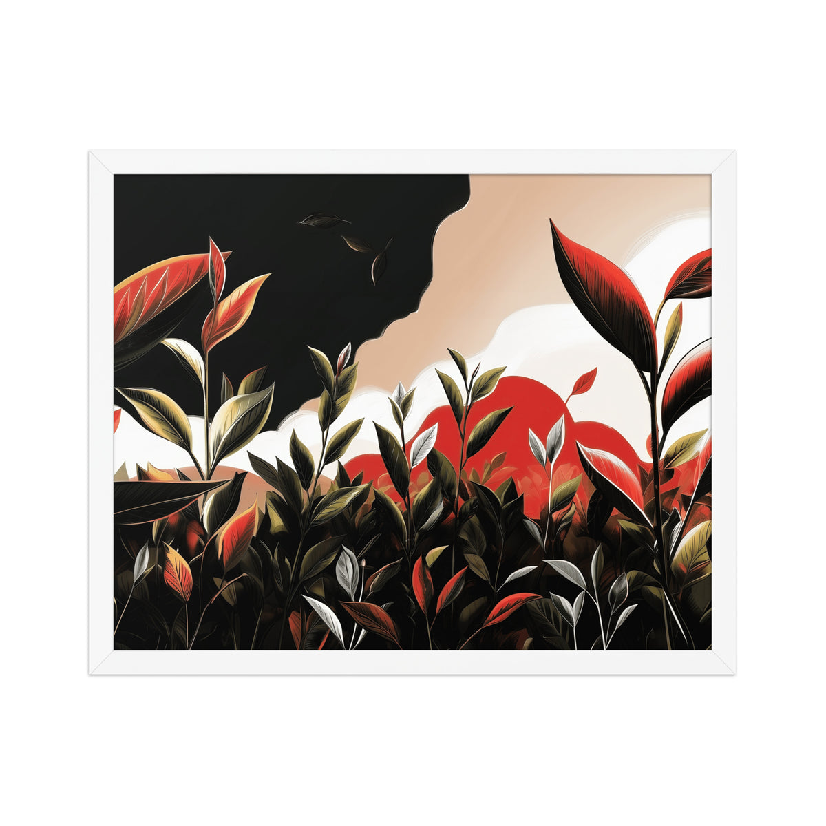 Framed nature poster featuring bold green leaves with red sunset highlights, inspired by summer nature walks.