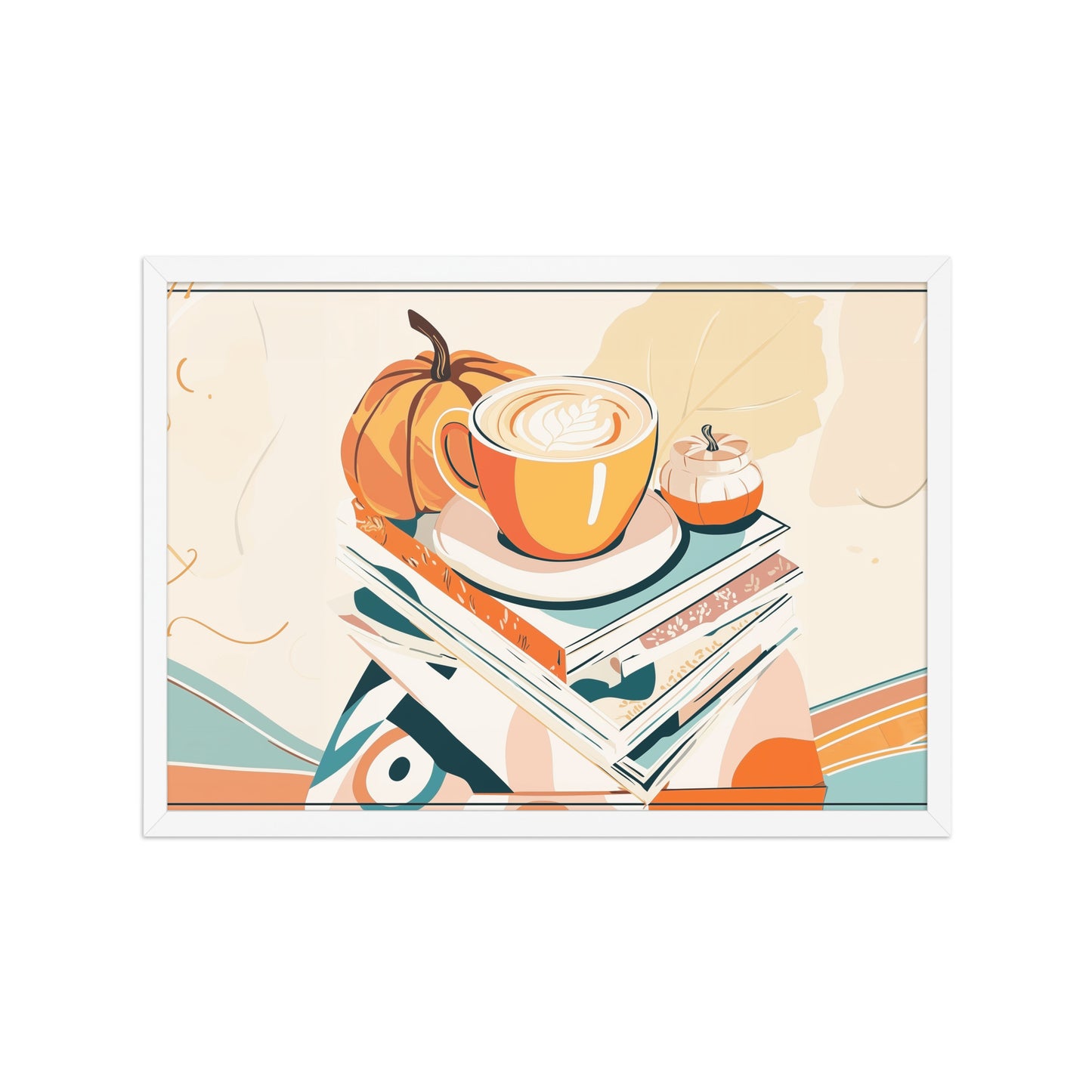 Framed A1 poster of a pumpkin spice latte sitting on a stack of books with warm autumn leaves in the background.