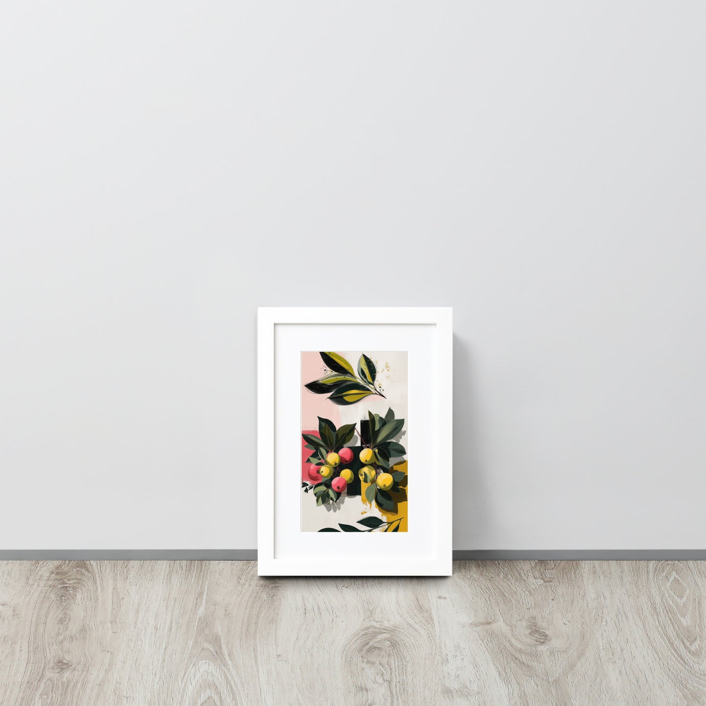 Framed A4 kitchen poster featuring a vibrant illustration of red and yellow apples with a white mat board and a professional wood frame.