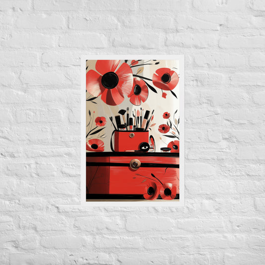 Framed luxury-inspired poster featuring a red makeup bag and vibrant red flowers on a high-quality art print.