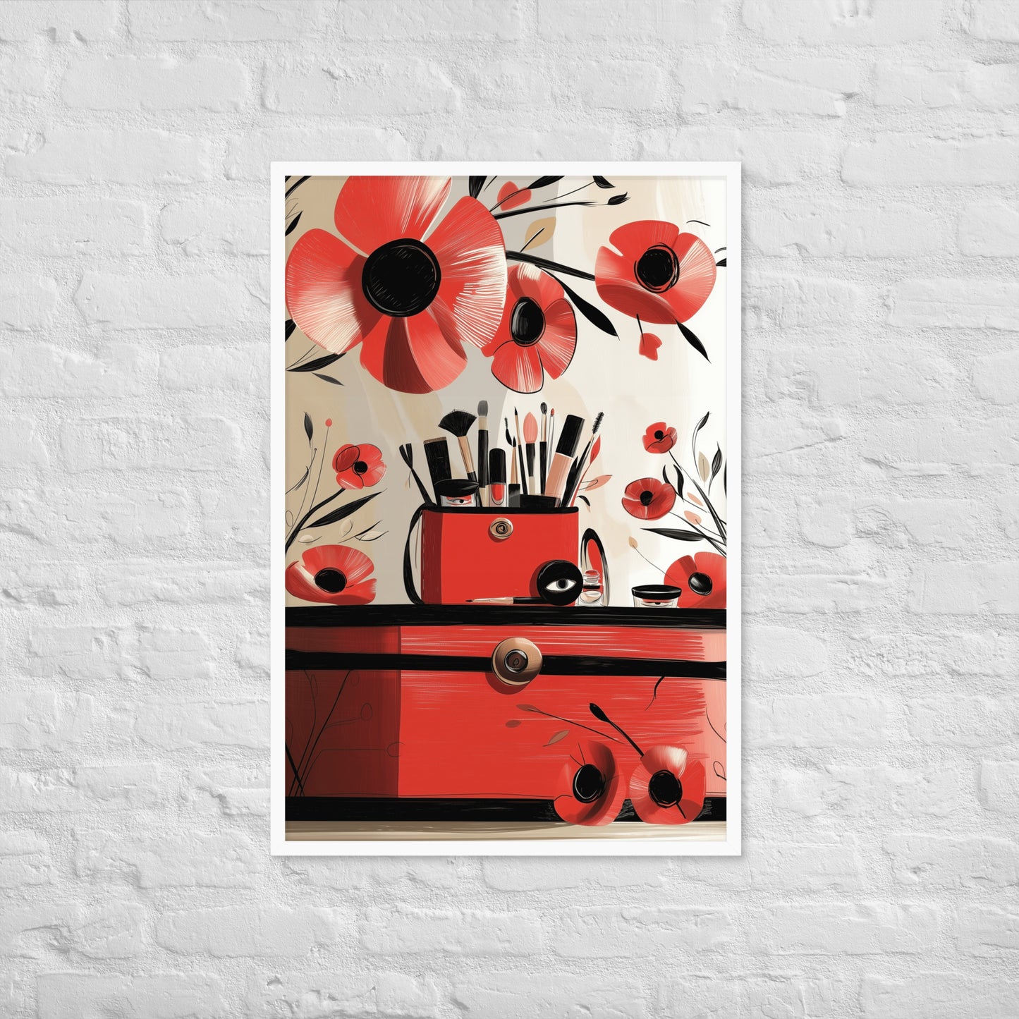 Framed luxury-inspired poster featuring a red makeup bag and vibrant red flowers on a high-quality art print.