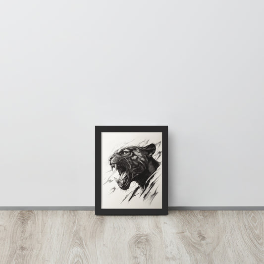 Framed minimalist black panther illustration on high-quality photo paper in a modern interior setting.
