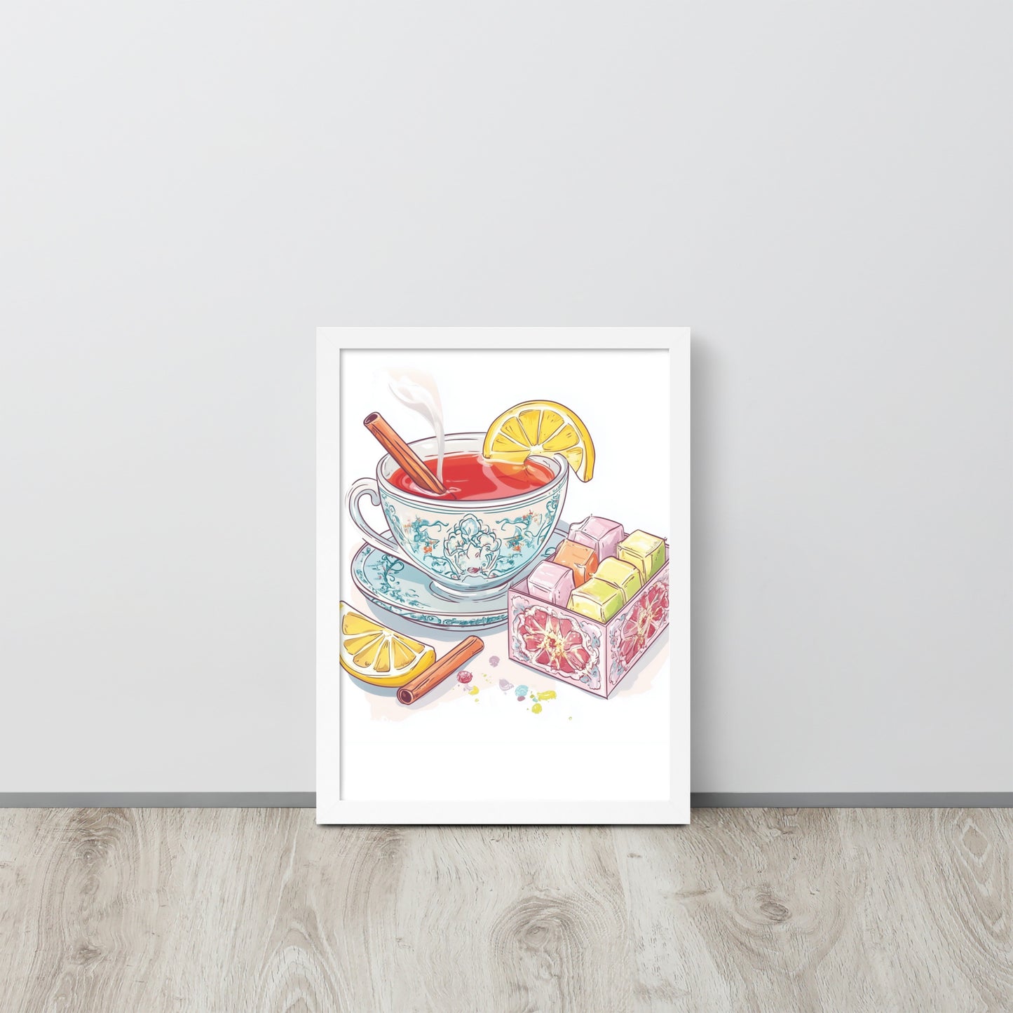 Framed whimsical poster featuring a traditional Turkish tea cup and colorful Turkish Delight sweets on a vibrant background.